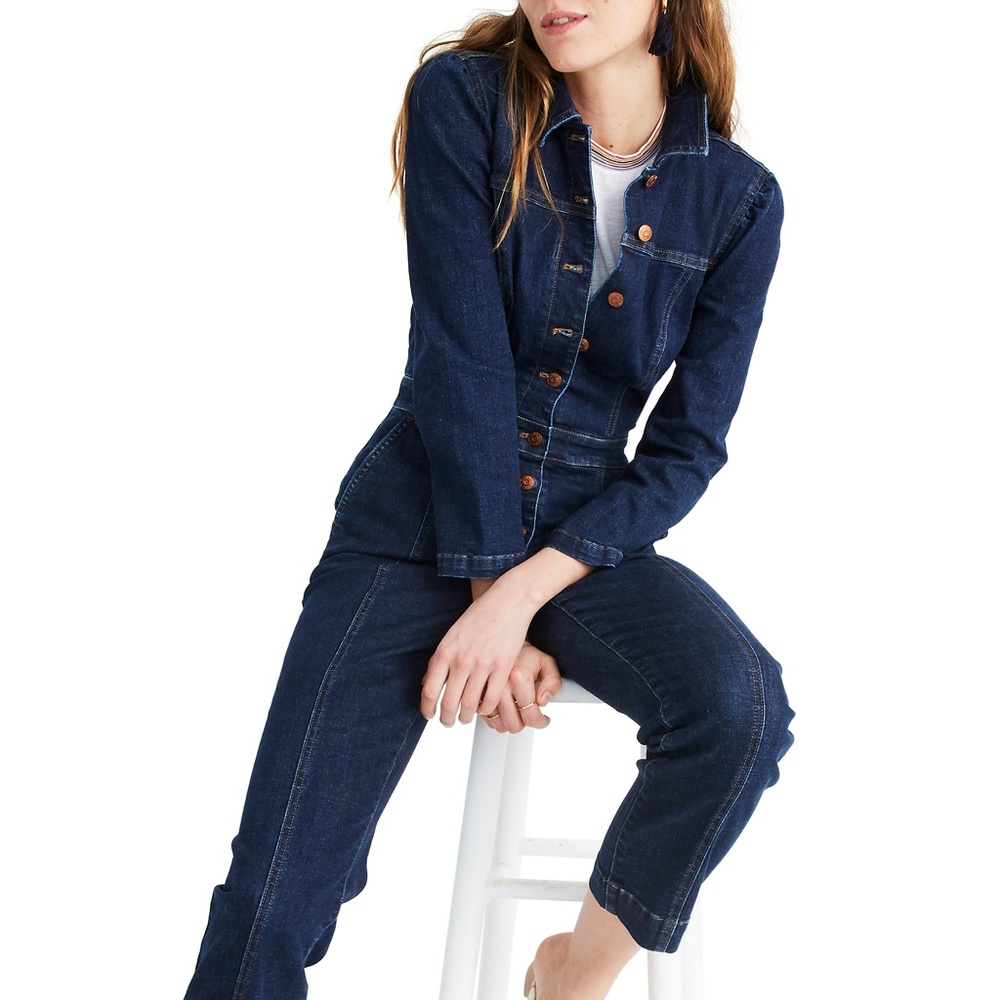 Madewell Brass Button-Front Denim Jumpsuit